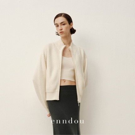 enndou2025秋冬新款100%羊绒网纹格拉链针织开衫设计感小众针织衫