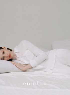 enndou春夏Supima匹马棉睡衣衬衫女长袖纯棉家居服套装亲肤纯白色