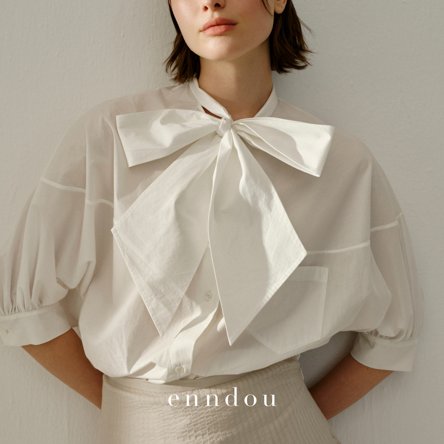 enndou2026春装新款120支长绒棉蝴蝶结泡泡袖白色衬衫女原创衬衣