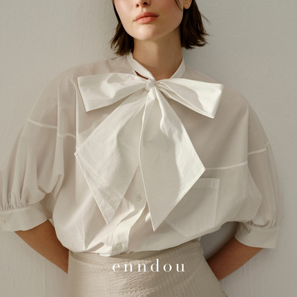 enndou2026春装新款120支长绒棉蝴蝶结泡泡袖白色衬衫女原创衬衣