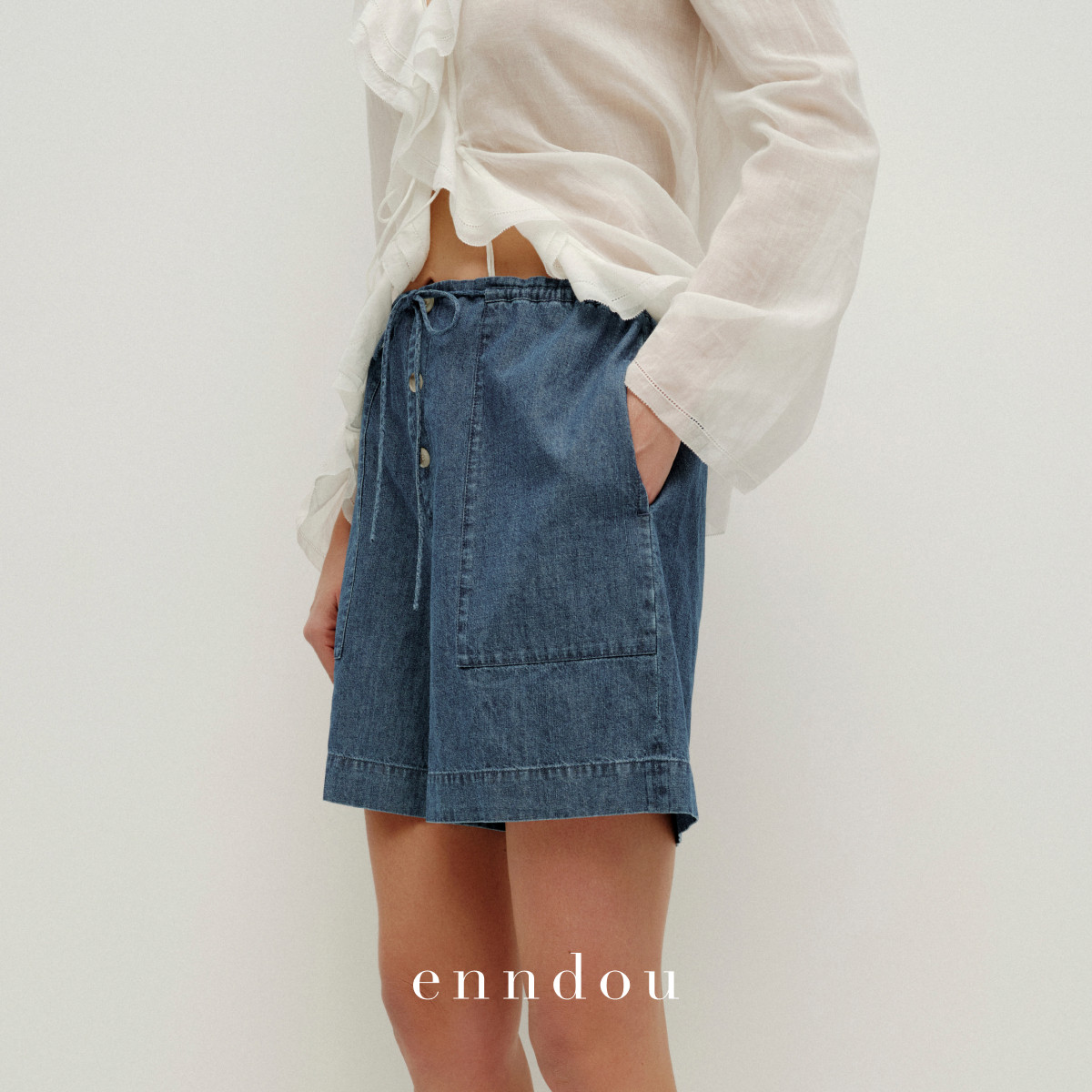enndou 棉麻黄金配比休闲裤子女2025夏季蓝色松紧腰阔腿牛仔短裤,女装/女士精品,休闲裤,淘宝优惠券,粉丝福利购,淘宝优惠卷