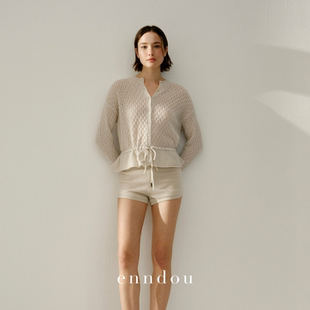 enndou2026春装新款100%纯山羊绒系带收腰针织开衫镂空网格羊绒衫