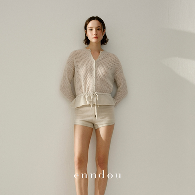 enndou春装羊绒系带收腰针织开衫
