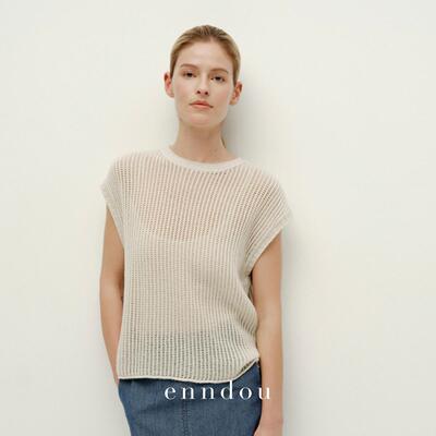 enndou 100%纯山羊绒T恤女0205春季新款内搭外穿镂空针织背心上衣