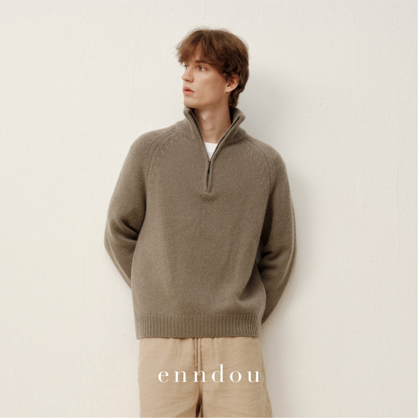 enndou男装秋冬新款100%纯羊绒半拉链高领毛衣男女同款羊绒衫