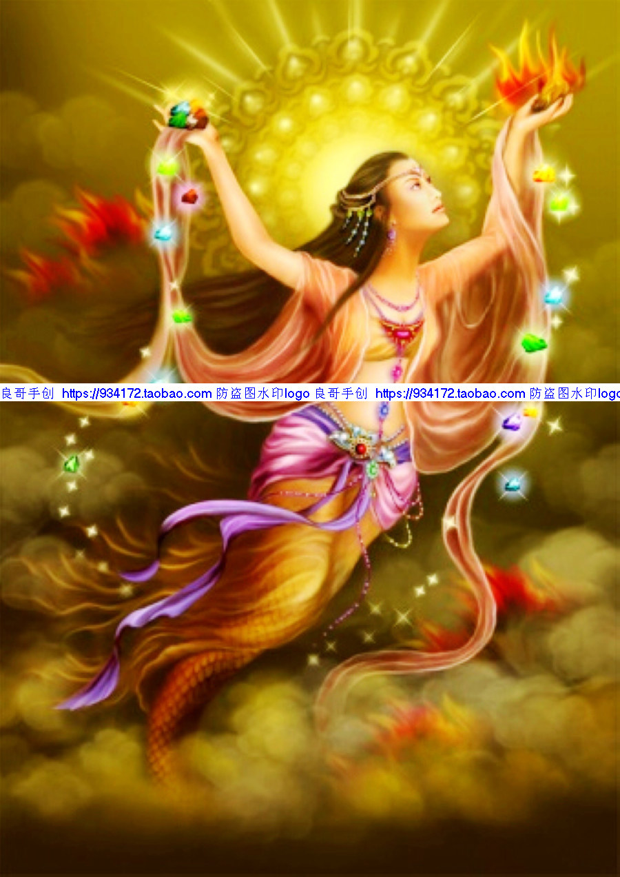 线绣 满绣印花大地之母创世神始母神女娲补天造人十字绣 女娲飞天