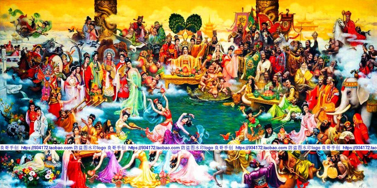 线绣 满绣印花手工绣 王母蟠桃瑶池宴会群仙十字绣 瑶池群仙会