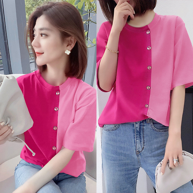 欧洲站2020年新款夏装欧货潮夏季个性拼接短袖t恤女撞色韩版宽松