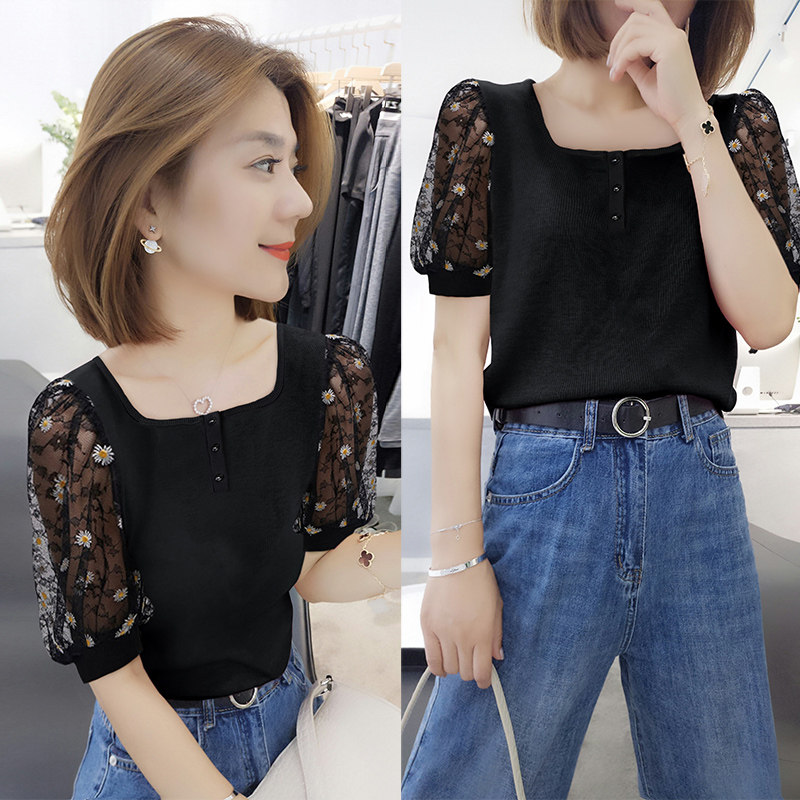 欧洲站2020新款夏装女欧货夏季气质泡泡袖方领短袖修身显瘦T恤潮