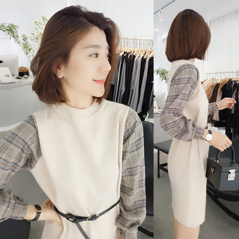 欧洲站秋冬装2020新款欧货时尚拼接毛衣裙女小个子打底针织连衣裙