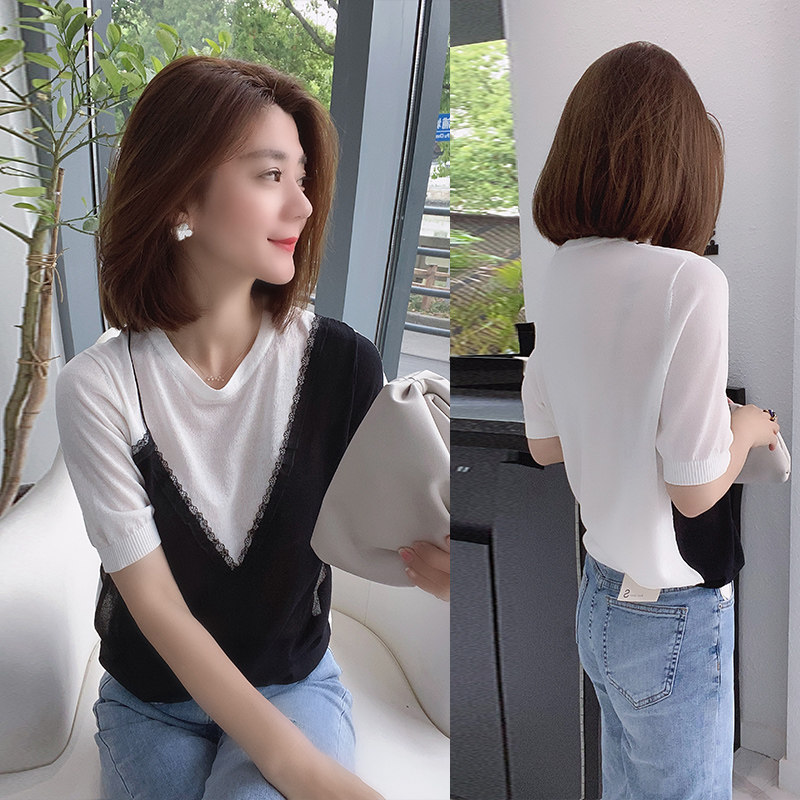 欧洲站2020新款夏装女欧货潮蕾丝拼接假两件短袖T恤上衣个性减龄