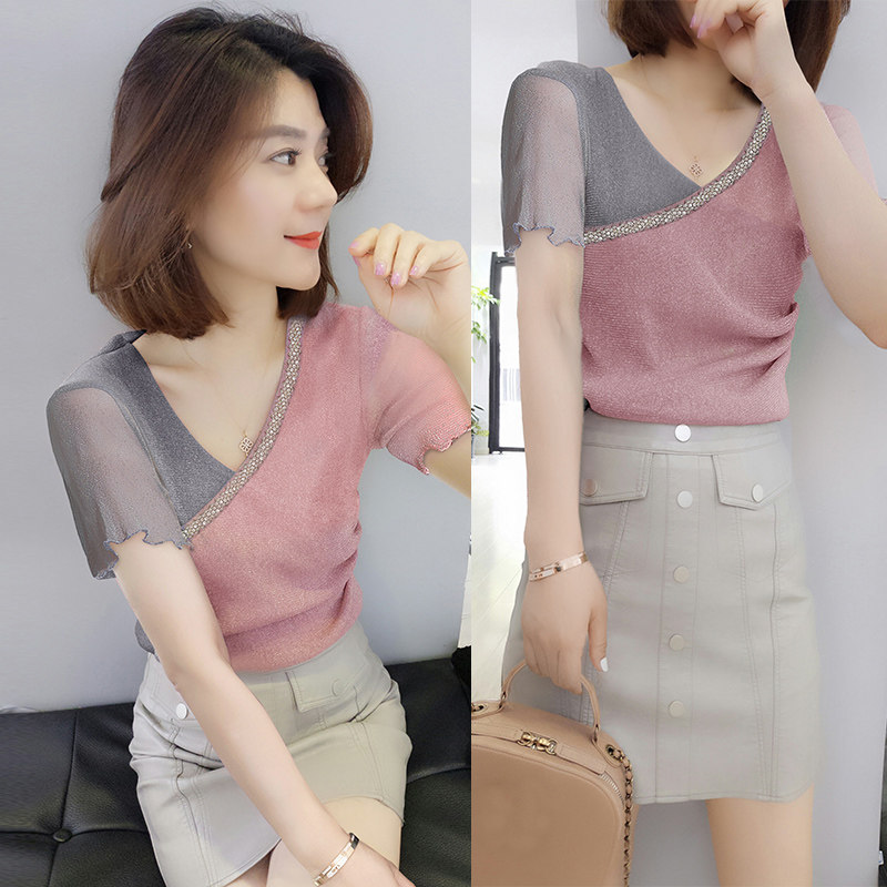 欧洲站2020年新款夏装女欧货潮流行木耳边v领短袖T恤重工亮丝减龄