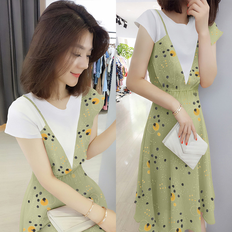 牛油果绿连衣裙2020新款夏潮欧洲站假两件拼接碎花中长款雪纺裙子