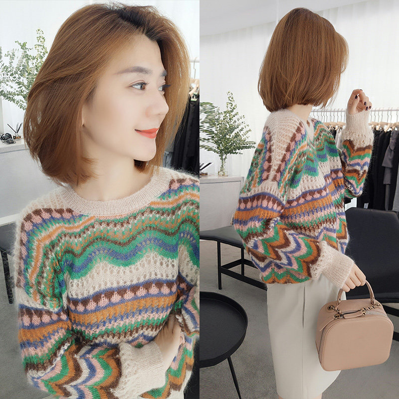 欧洲站秋装2020新款欧货秋季撞色镂空针织衫韩版宽松套头薄款毛衣