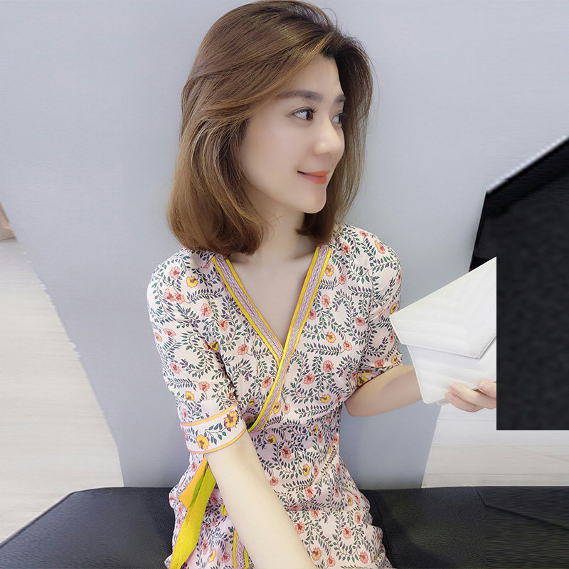 欧洲站2020新款夏装欧货潮中长款复古印花雪纺连衣裙系带收腰V领