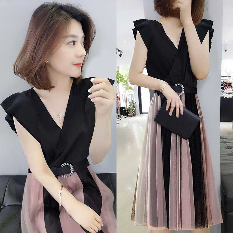 欧洲站2020新款夏装女欧货潮夏女神范网纱拼接连衣裙收腰显瘦气质