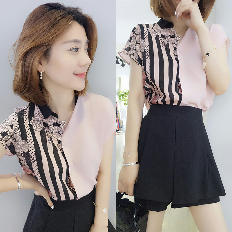 欧洲站夏装2020新款复古短袖T拼接条纹衬衫女设计感洋气雪纺小衫