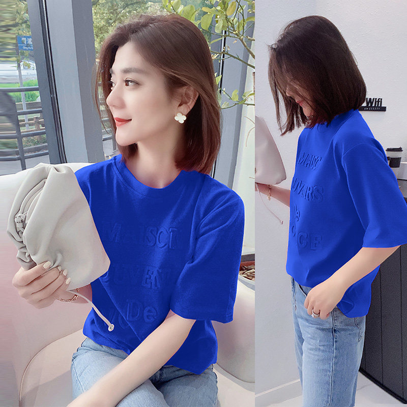 欧洲站2020年新款夏装欧货潮夏季休闲蓝色短袖女韩版宽松T恤上衣