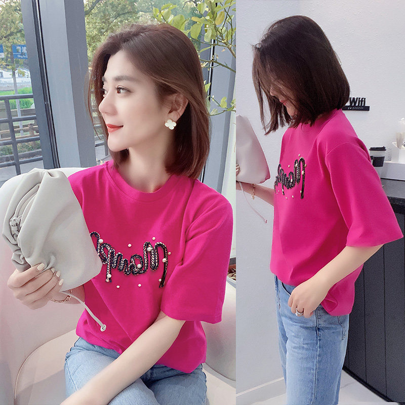 欧洲站2020年新款夏装欧货潮夏季重工钉珠刺绣短袖T恤女韩版宽松