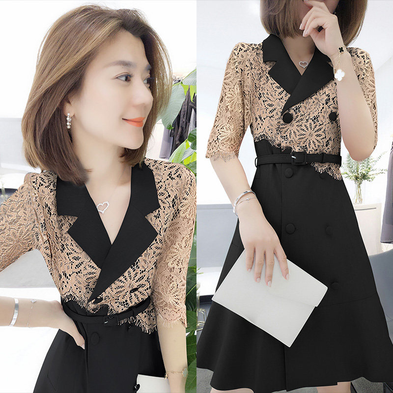 欧洲站2020新款夏装女欧货高端名媛蕾丝拼接西装领连衣裙气质洋气