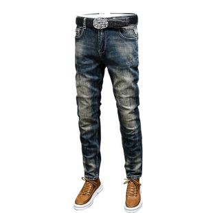 牛仔长裤男春秋休闲牛仔裤男修身小直筒潮牌裤子磨白工艺乱刮痕
