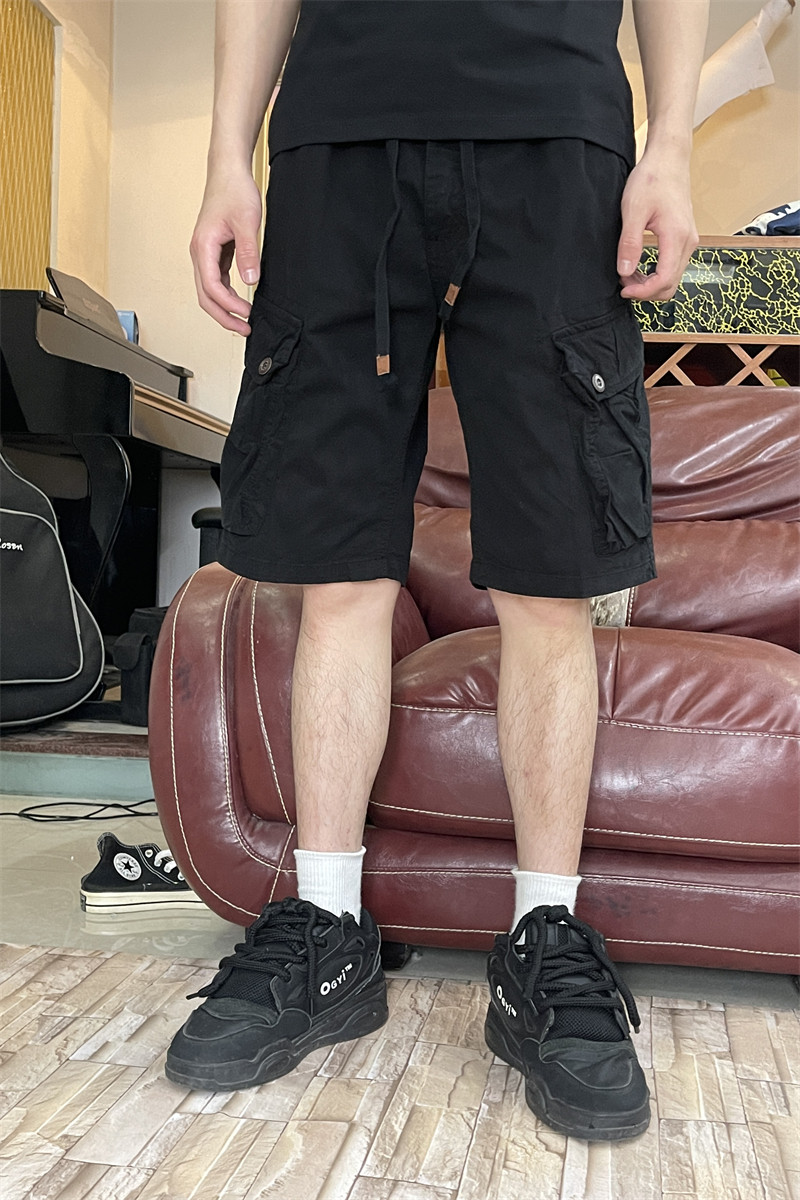 夏季新款薄款宽松直筒工装短裤男款时尚五分松紧腰中裤5分黑色