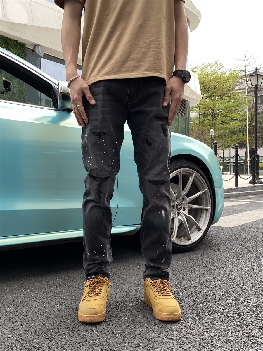 春秋牛仔裤男修身小直筒弹力高端休闲长裤子青年百搭黑色破洞NS98