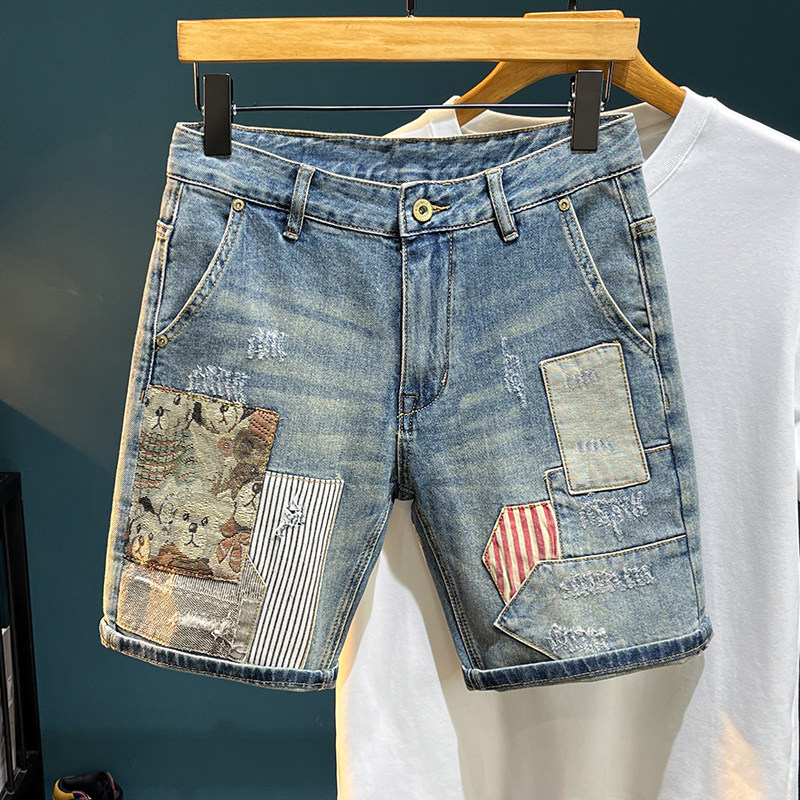2026年男款夏季牛仔工装短裤休闲中裤弹力五分裤潮牌百搭破洞补丁