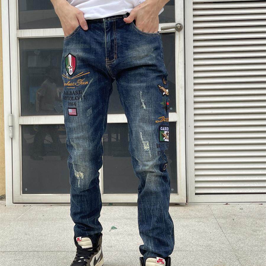 潮流破洞补丁牛仔裤男款修身小脚裤潮牌刺绣春秋蓝色复古弹力长裤