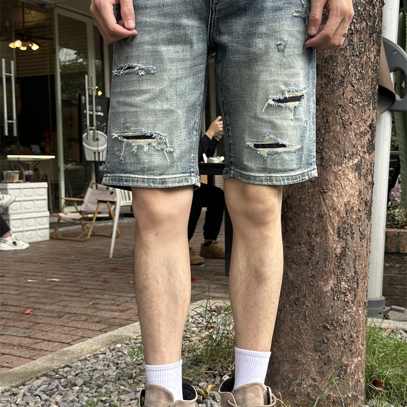 夏季薄款牛仔短裤男五分裤复古5分中裤潮牌马裤怀旧弹力破洞时尚