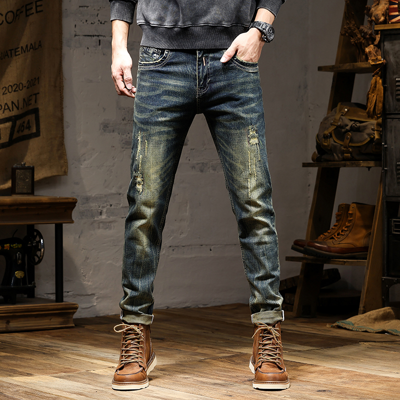 秋冬怀旧牛仔裤男潮牌长裤子复古风美式百搭破洞弹力做旧修身直筒