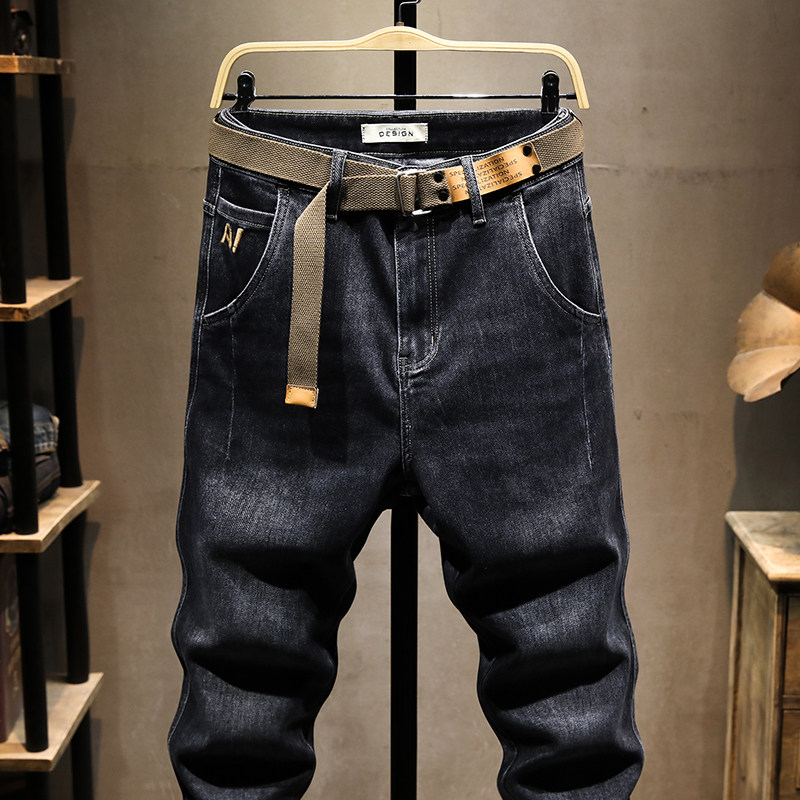 复古牛仔裤男潮牌修身小脚阔腿美式休闲水洗春秋款高端哈伦裤修身