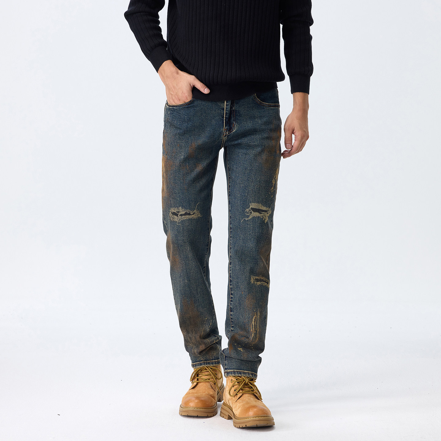 秋冬新韩版修身小直筒牛仔裤男款复古风格怀旧长裤子破洞补丁2026