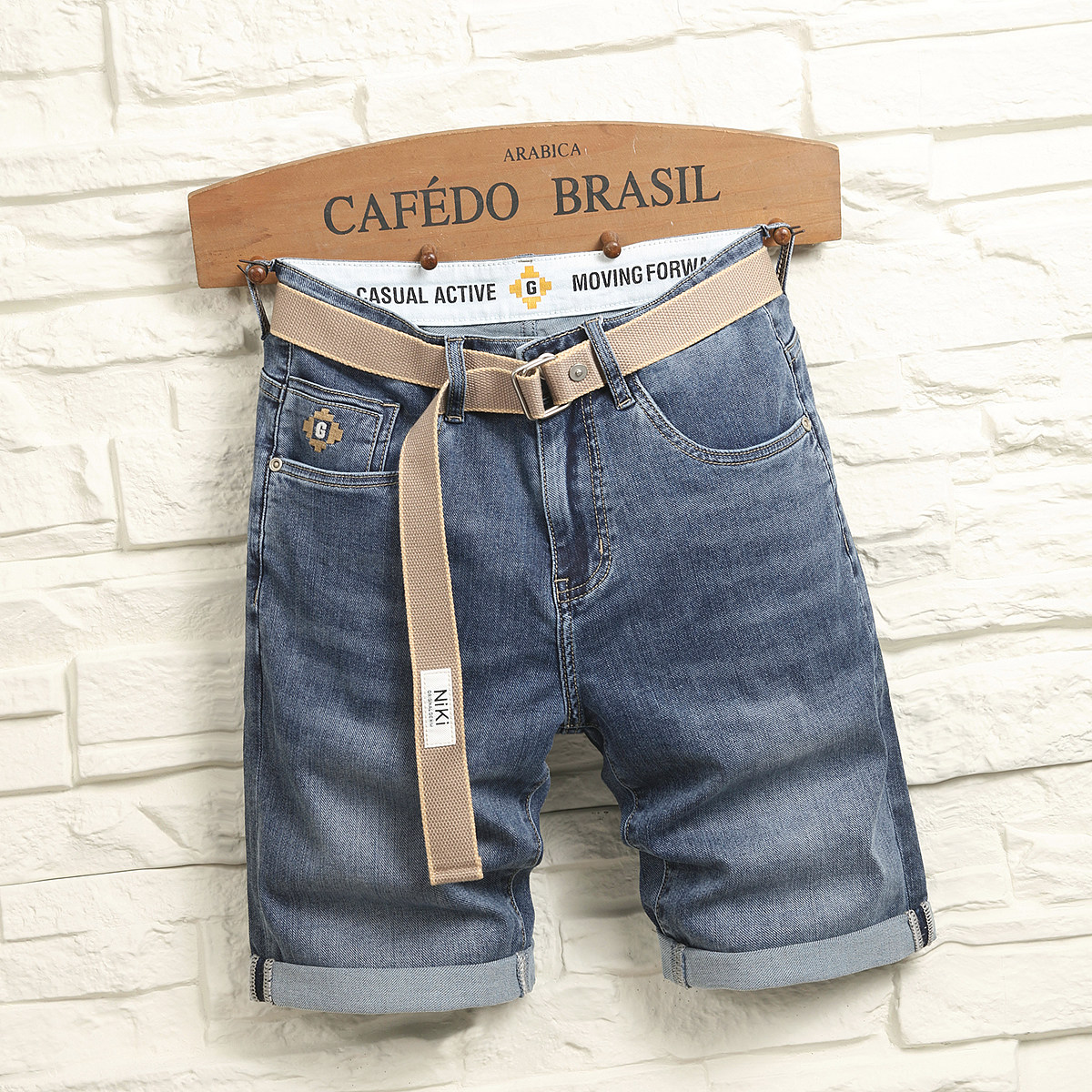 2026年男款夏季复古牛仔蓝色短裤休闲中裤弹力五分裤修身潮牌5分