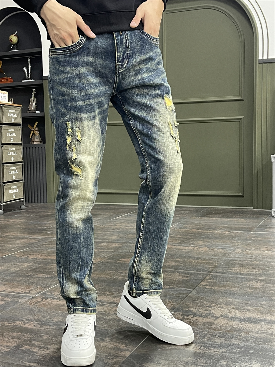 秋冬牛仔裤男修身小直筒弹力长裤子百搭破洞补丁青年潮牌美式蓝色