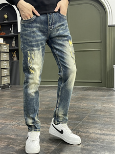 秋冬牛仔裤男修身小直筒弹力长裤子百搭破洞补丁青年潮牌美式蓝色