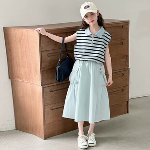 NEXT JANSO女童夏季连衣裙2026新款中大女童条纹短袖休闲裙子套装