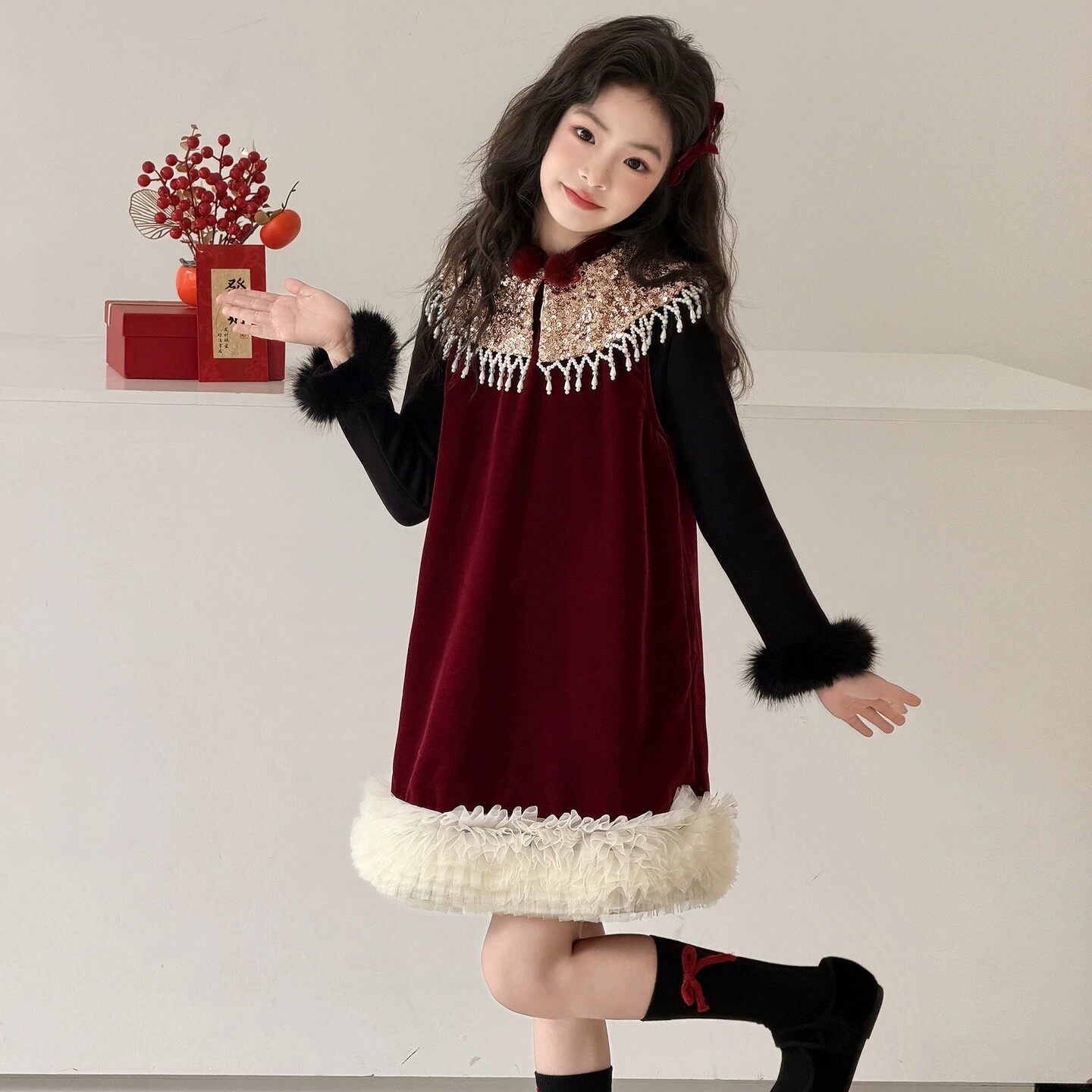 VYEO女童新中式冬款连衣裙2026新款儿童国风裙生日裙加绒加厚年服