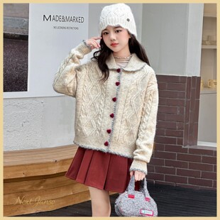 NEXT JANSO女童洋气毛衣外套2025秋装新款大童时髦外穿翻领针织衫