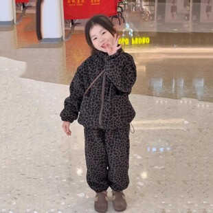 NEXT JANSO女童加绒套装2026新款洋气时髦豹纹加厚棉衣棉裤两件套