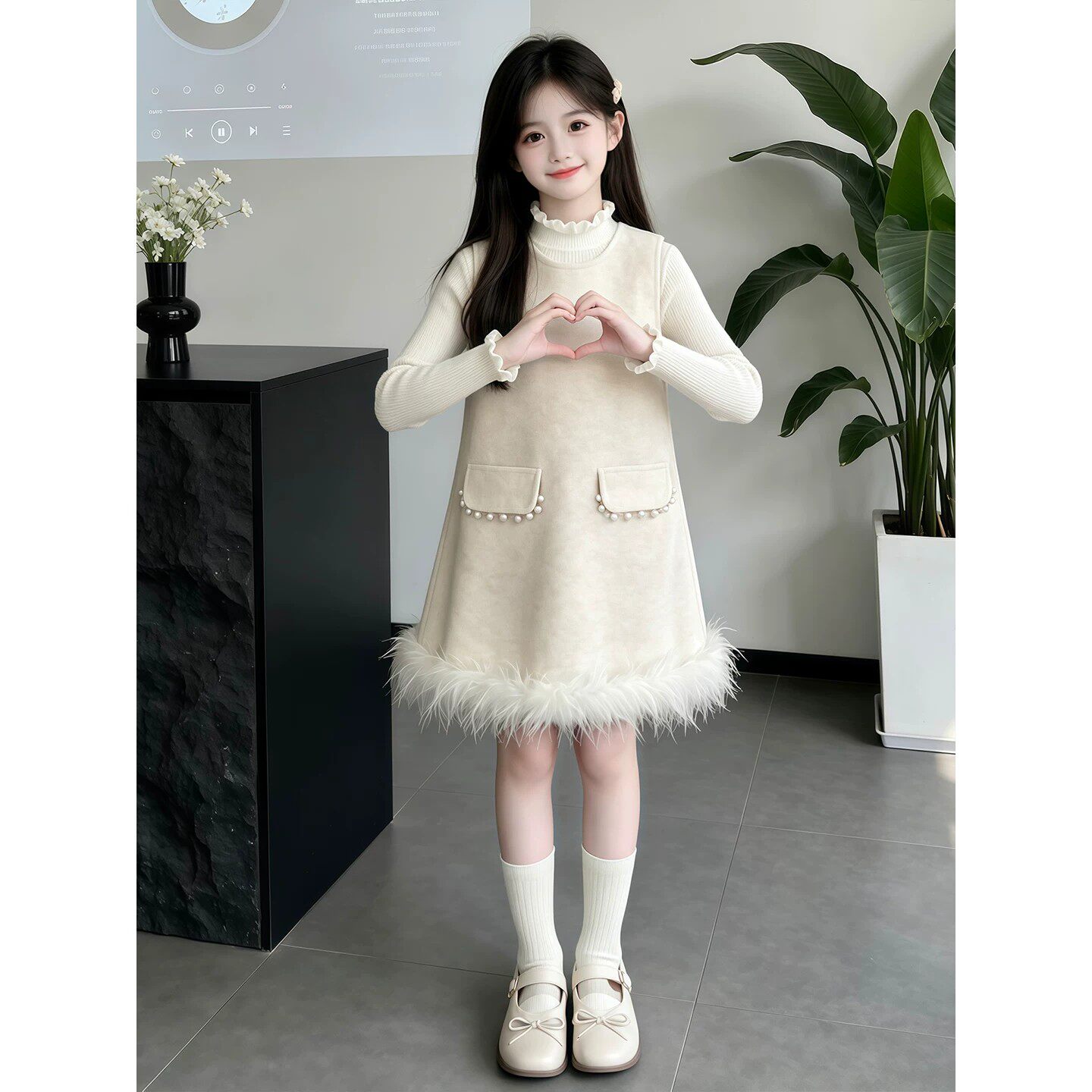 VYEO女童秋冬加绒连衣裙2026新款儿童加厚背心裙子冬装公主裙套装