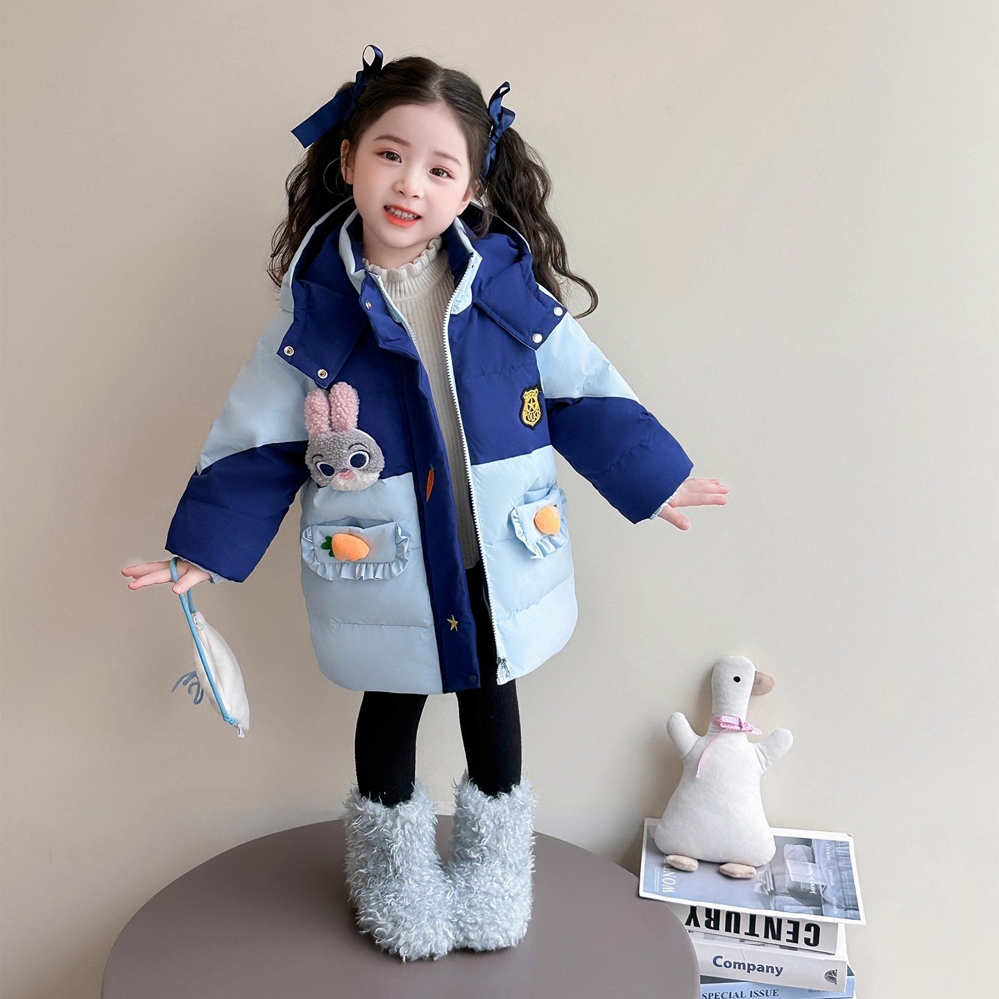 NEXT JANSO女童兔子警官羽绒服冬季2025新款儿童白鸭绒中长款外套