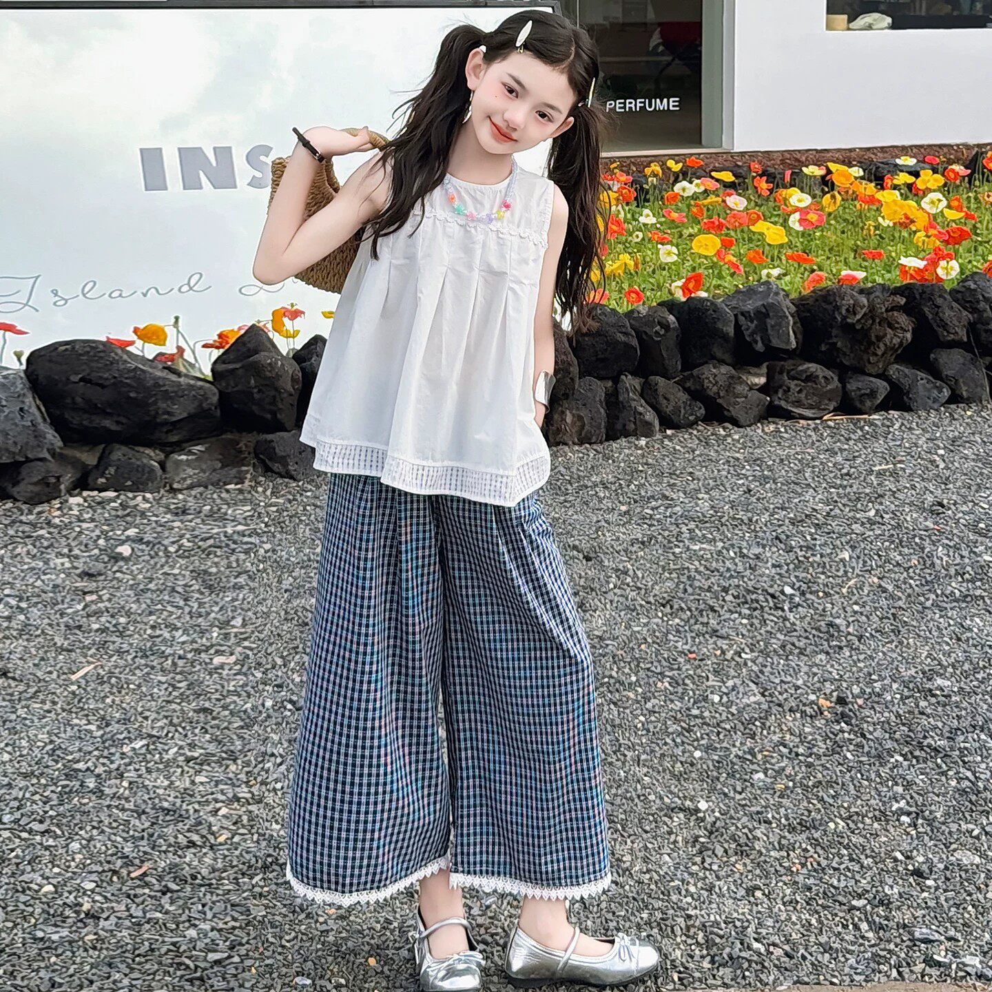 NEXT JANSO女童夏季套装2026新款女孩衬衫格子阔腿裤子韩版两件套