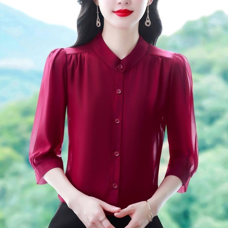 高档气质妈妈七分袖圆领衬衫女2025夏装新款韩版时尚显瘦减龄衬衣