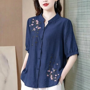 妈妈夏装女士衬衫2024新款棉麻中老年上衣女洋气绣花衬衣显瘦小衫
