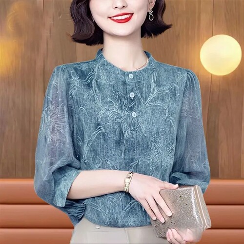 夏季轻奢减龄印花妈妈大码衬衫