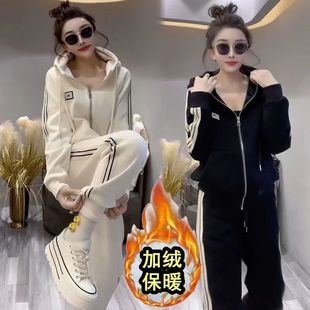 秋冬2025新款加绒时尚卫衣套装女简约气质显瘦韩版宽松大码两件套