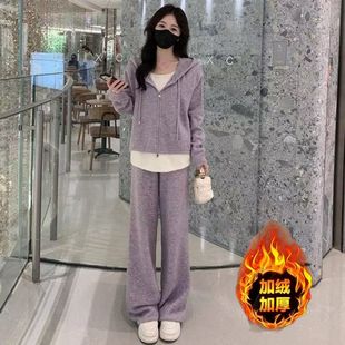 卫衣宽松阔腿裤 2025秋冬加绒套装 假两件开衫 休闲时尚 两件套 女新款
