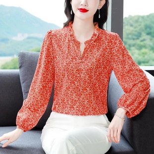 长袖碎花雪纺衫女2026春夏季新款显瘦百搭上衣女士遮肚子减龄衬衣