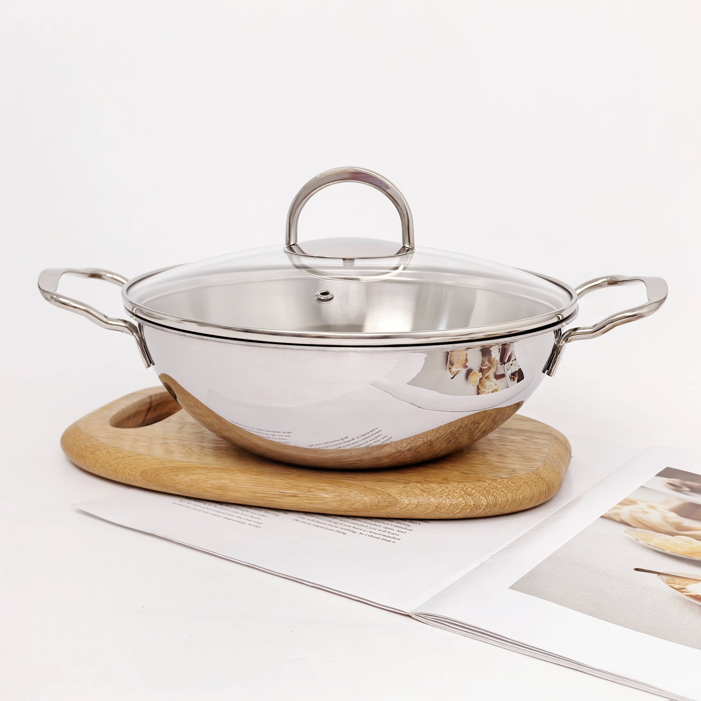 18/10不锈钢带盖炒锅家用厨房锅具无涂层不粘双手柄煎锅20-24cm